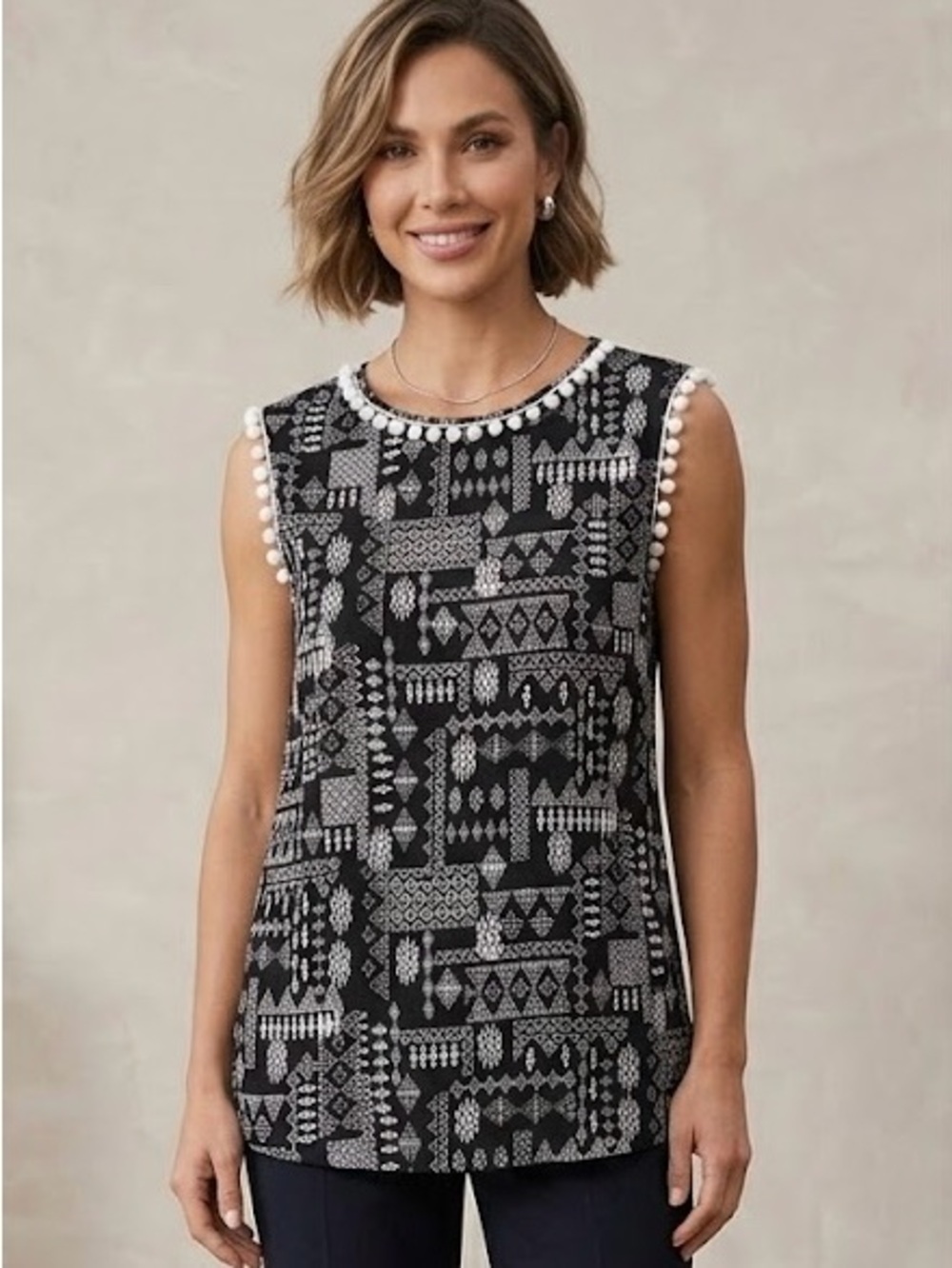 Investments Black and White Geometric Pom-Trim Tank